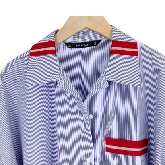Zara Striped Button Up Shirt with Red Ribbon Accents - Picture 4 of 11
